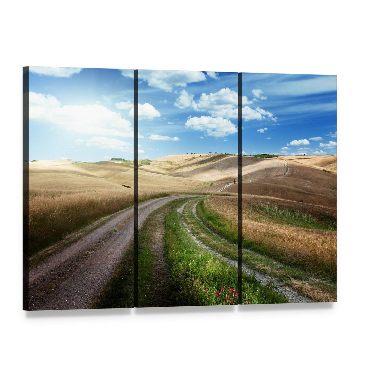 Winding Road Through Golden Wheat Fields Canvas Wall Art, 3 panel 3 Horizontal layout gallery wrapped canvas set, angled product view