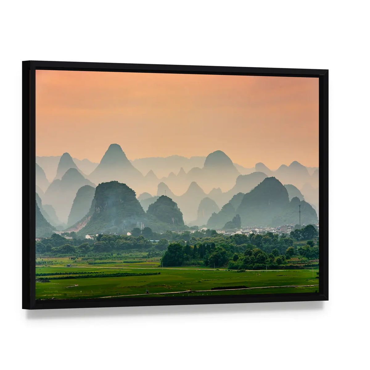 Karst Mountain In Guilin China Canvas Wall Art, framed canvas in a black floater frame, angled product view