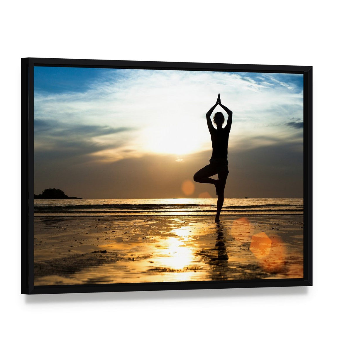 Silhouette of a Woman Practicing Yoga at Sunset Canvas Wall Art, framed canvas in a black floater frame, angled product view