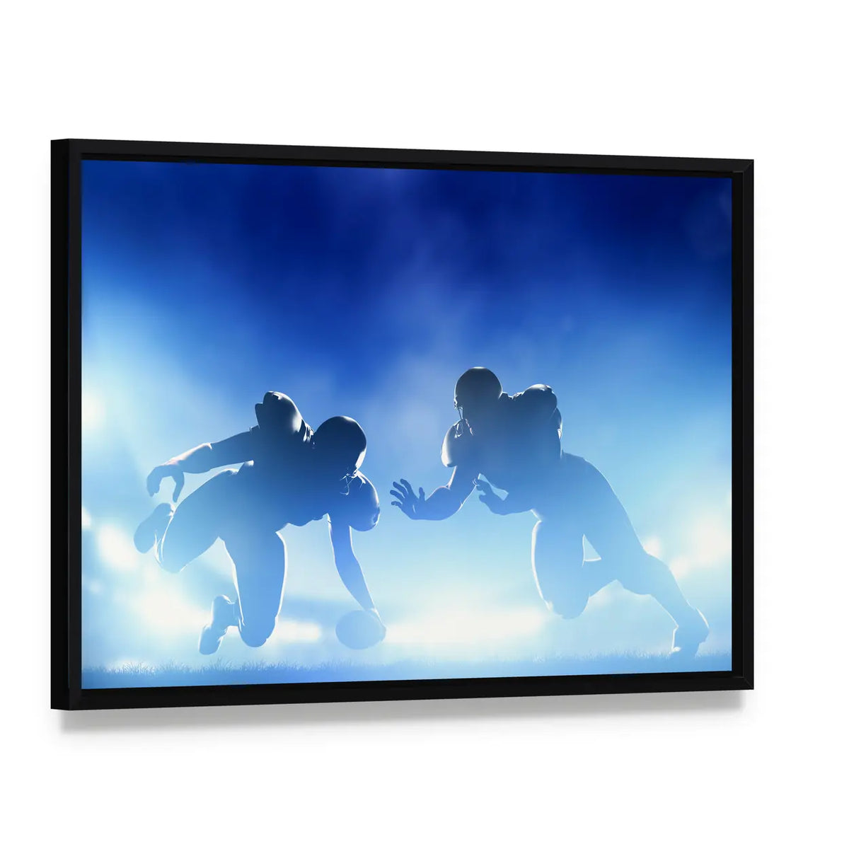 American Football Silhouettes Under Stadium Lights Canvas Wall Art, framed canvas in a black floater frame, angled product view