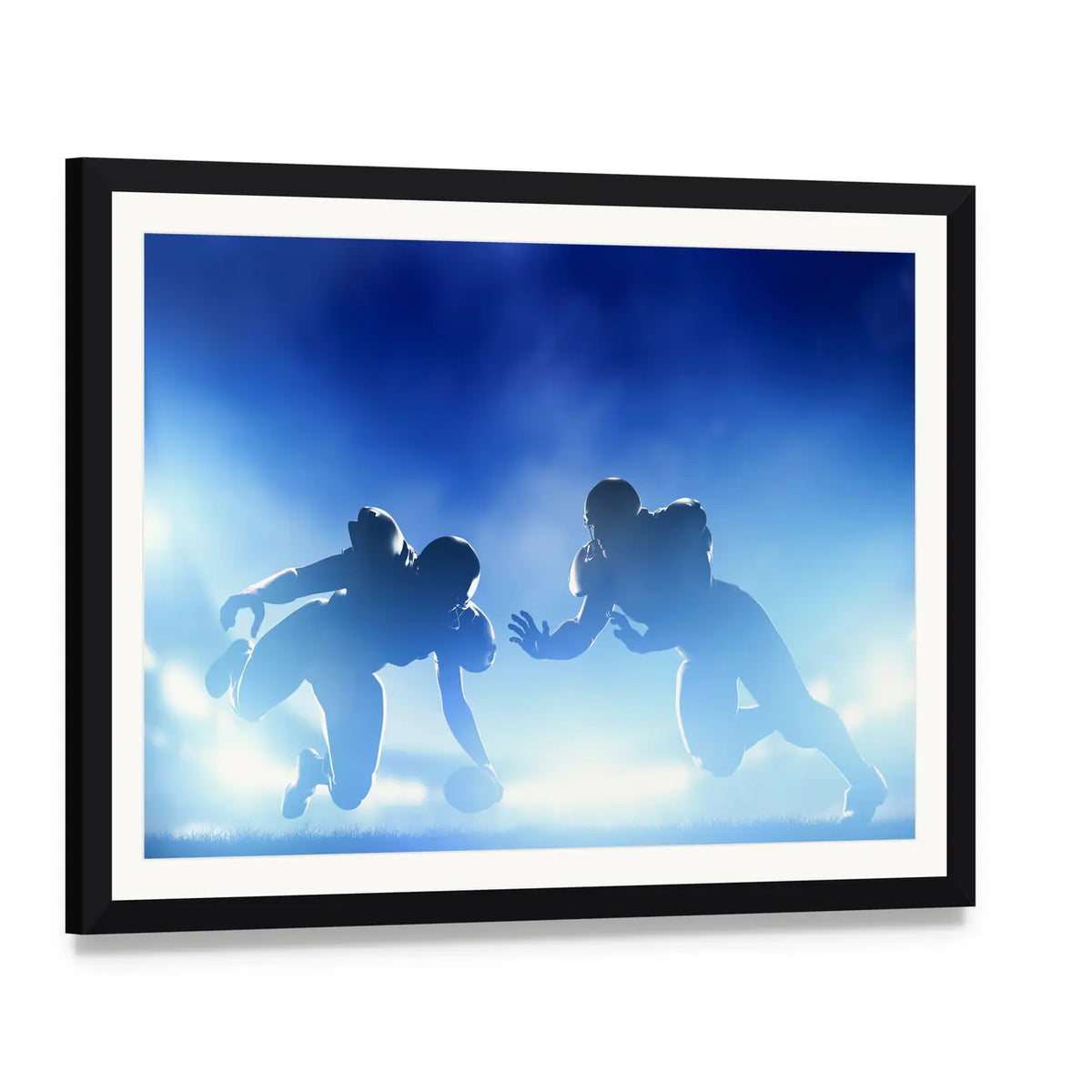 American Football Silhouettes Under Stadium Lights Canvas Wall Art, framed print with white mat and black frame, angled product view