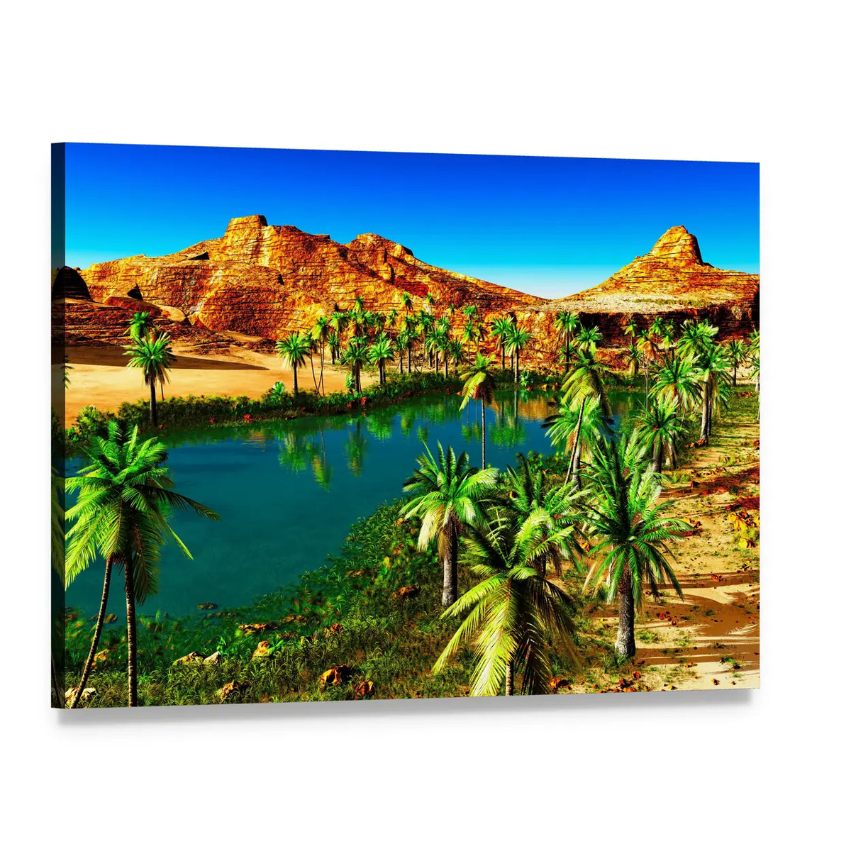 African Oasis with Palm Grove and Lake Canvas Wall Art, single panel gallery wrapped canvas, angled product view