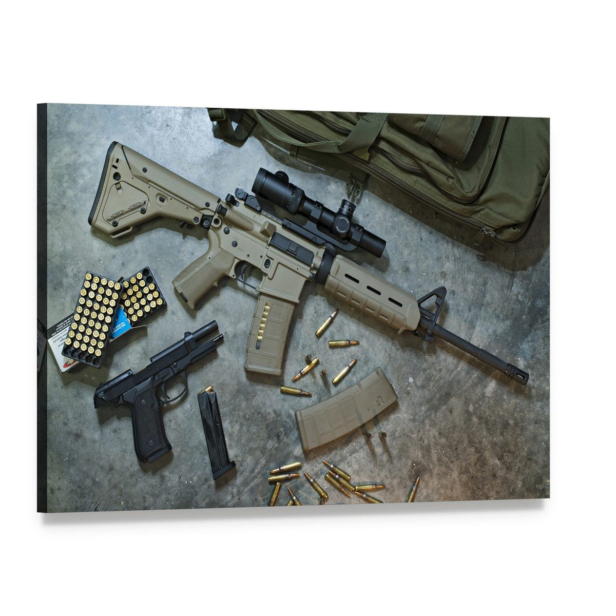 Assault Rifle and Pistol Artwork Canvas Wall Art, single panel gallery wrapped canvas, angled product view