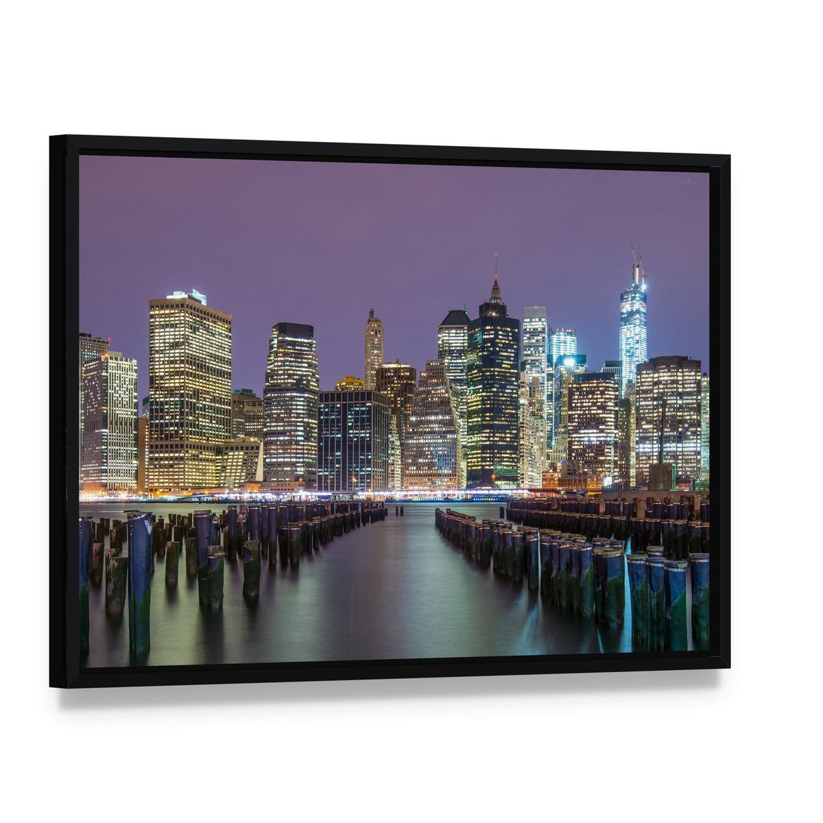 Lower Manhattan Skyline Canvas Wall Art, framed canvas in a black floater frame, angled product view