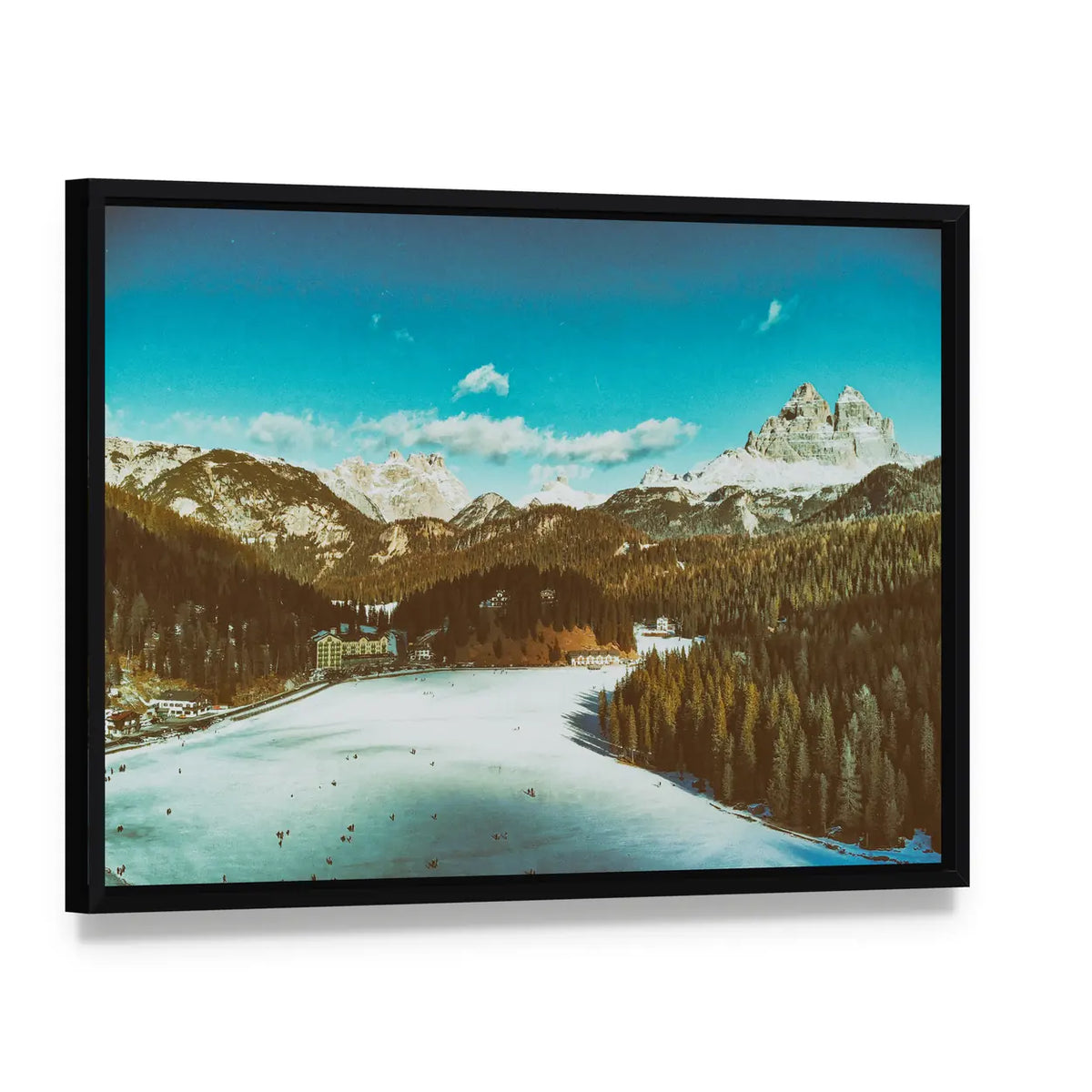 Italian Dolomites in Winter Canvas Wall Art, framed canvas in a black floater frame, angled product view