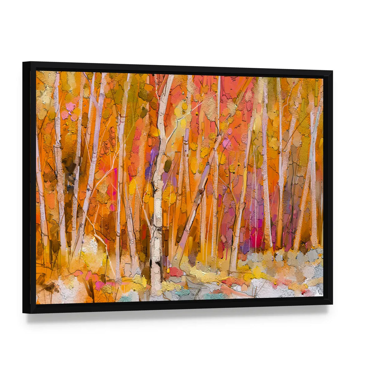 Colorful Aspen Trees Canvas Wall Art, framed canvas in a black floater frame, angled product view