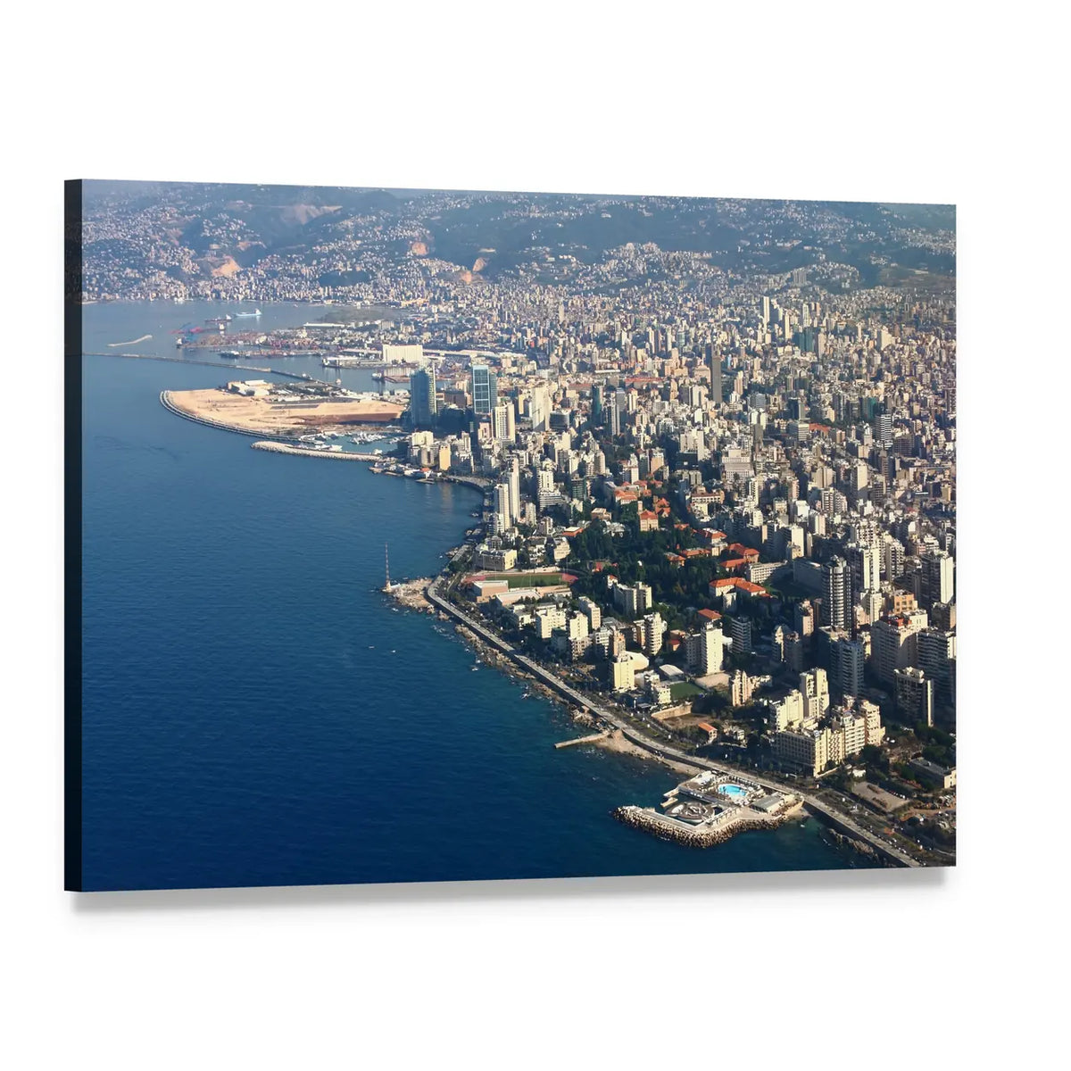 Beirut Coastal Skyline Over Harbor Canvas Wall Art, single panel gallery wrapped canvas, angled product view
