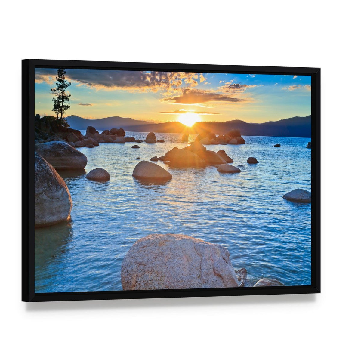Lake Tahoe Sunset with Pine Silhouette Canvas Wall Art, framed canvas in a black floater frame, angled product view