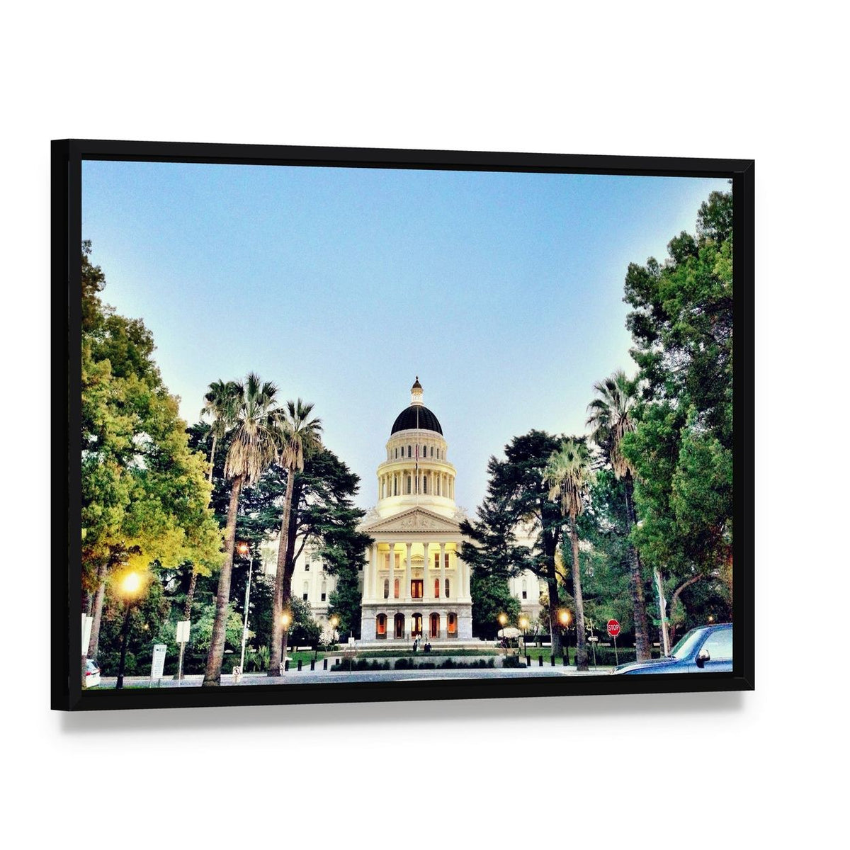 Sacramento State Capitol Building Canvas Wall Art, framed canvas in a black floater frame, angled product view