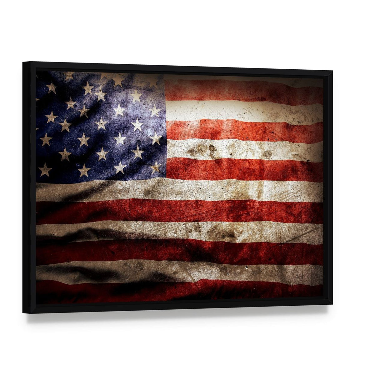 Grunge American Flag Canvas Wall Art, framed canvas in a black floater frame, angled product view