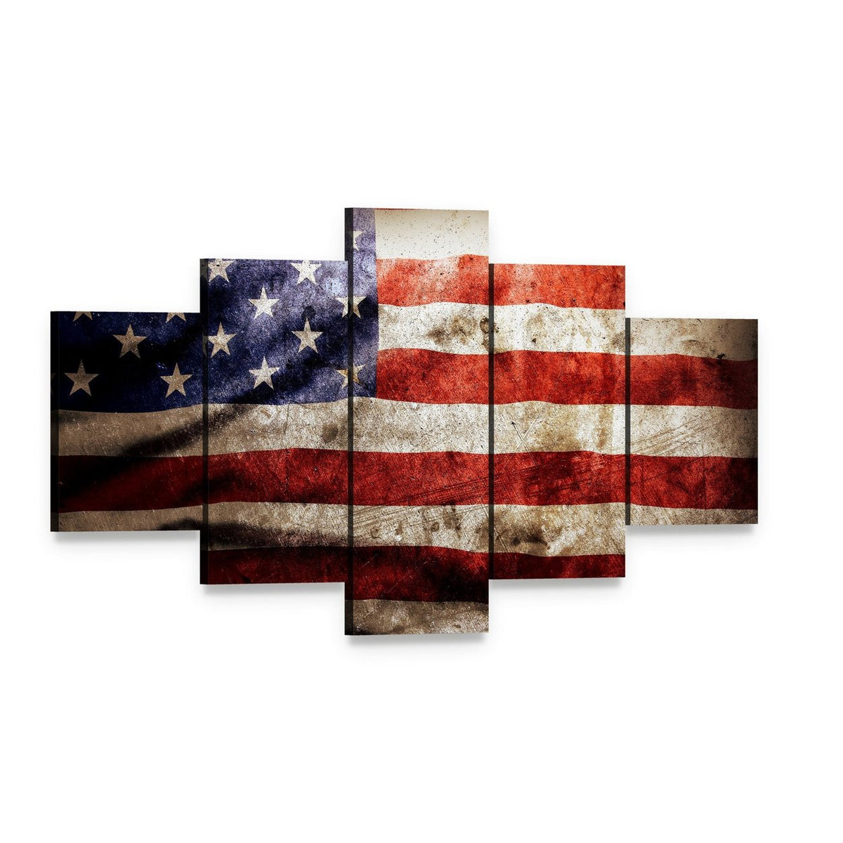 Grunge American Flag Canvas Wall Art, 5 panel 5 Star layout gallery wrapped canvas set, angled product view