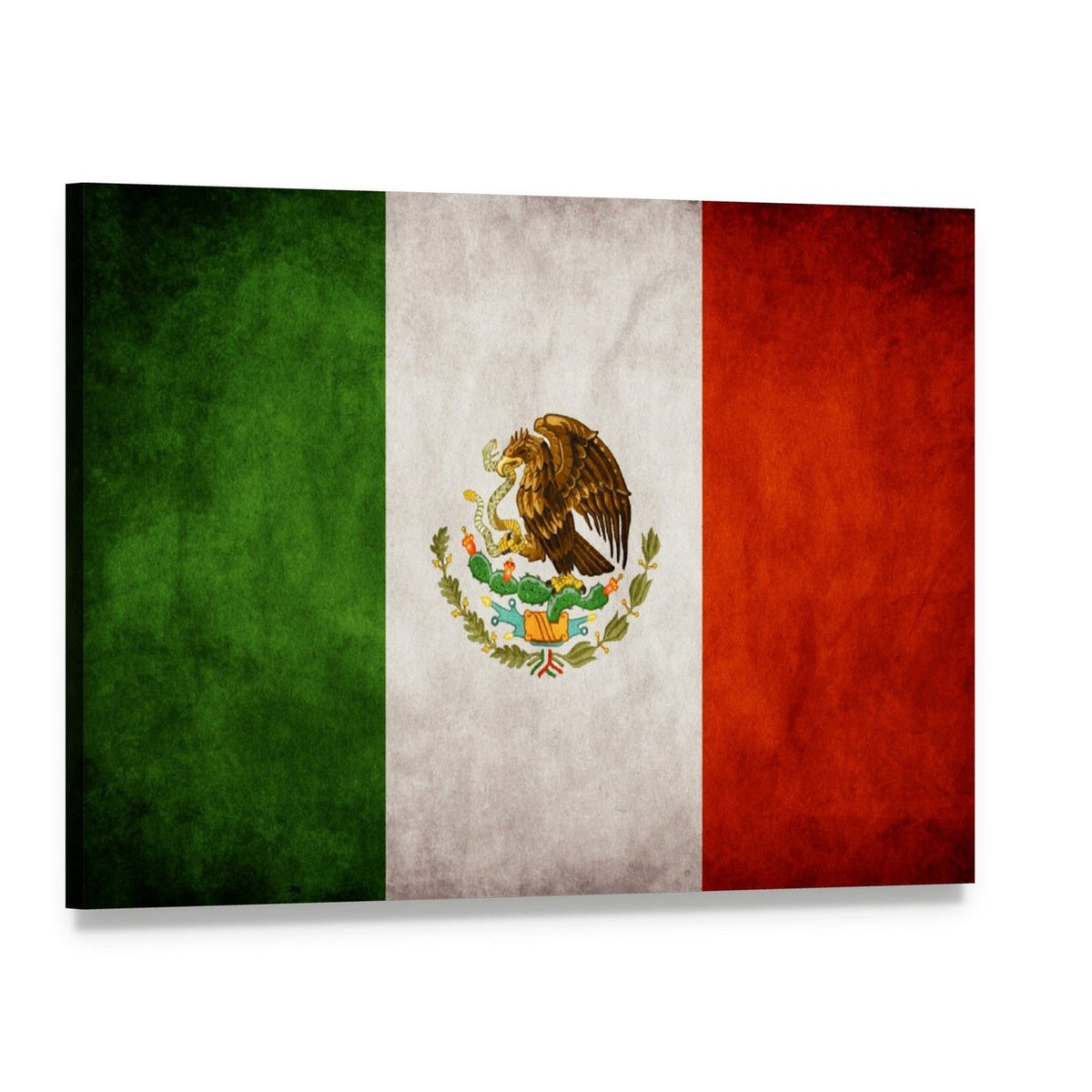 Mexican Flag with Eagle and Snake Canvas Wall Art, single panel gallery wrapped canvas, angled product view
