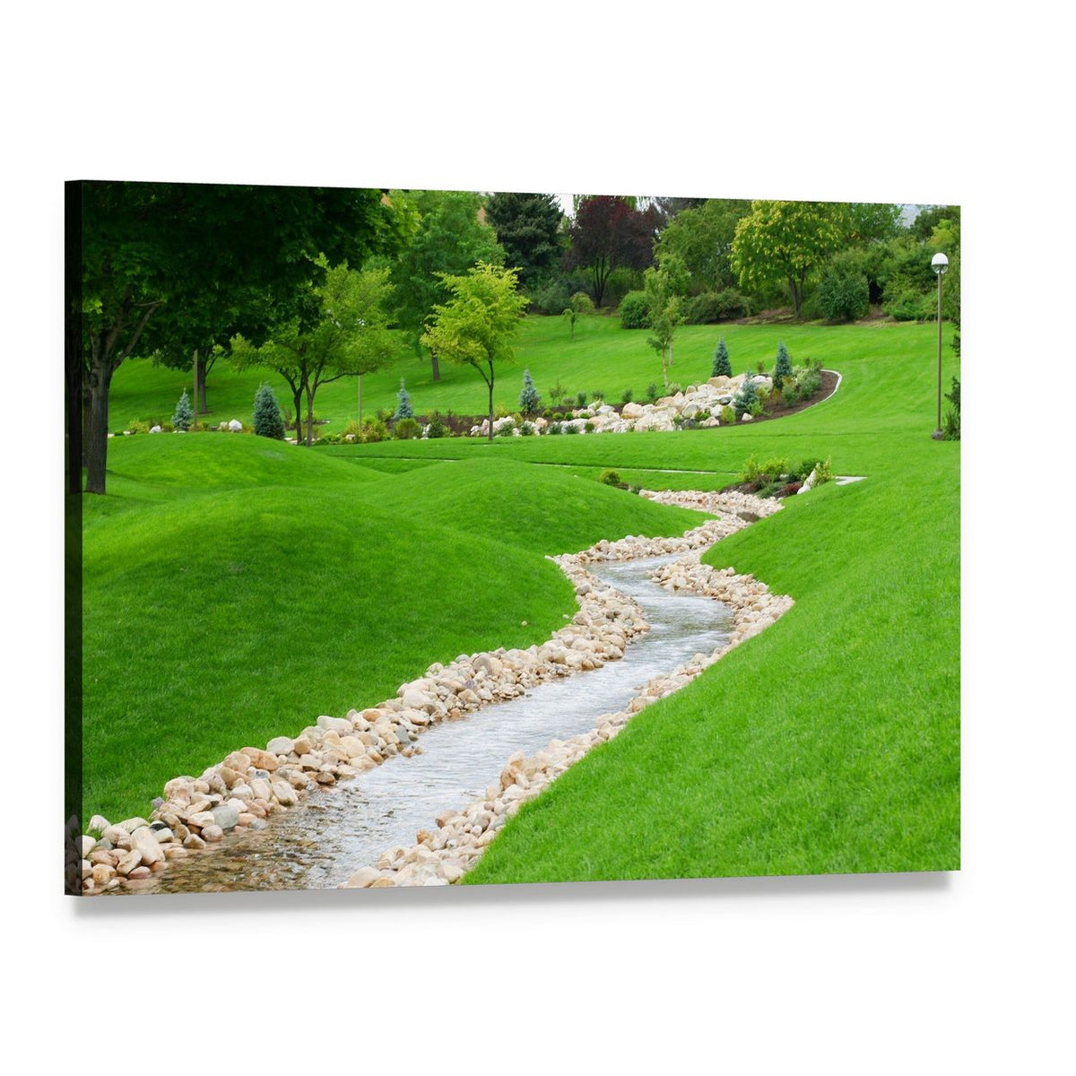 Stream Flowing Through Grassy Hills with Trees Canvas Wall Art, single panel gallery wrapped canvas, angled product view