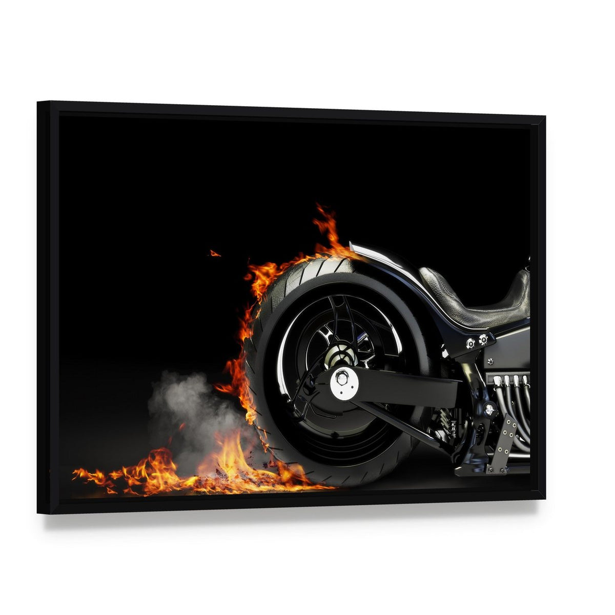 Motorcycle Burnout Canvas Wall Art, framed canvas in a black floater frame, angled product view