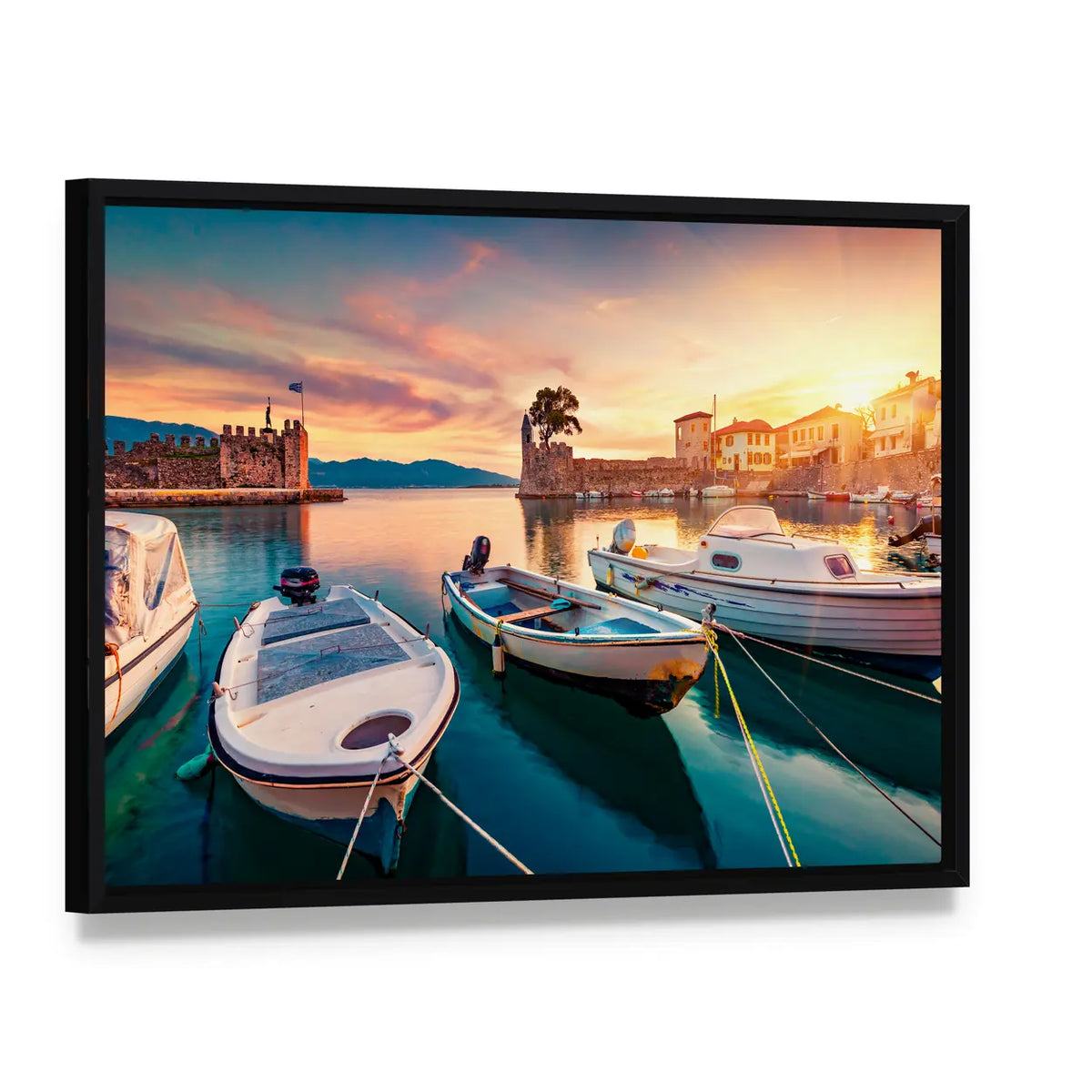 Gulf Of Corinth In Greece Canvas Wall Art, framed canvas in a black floater frame, angled product view