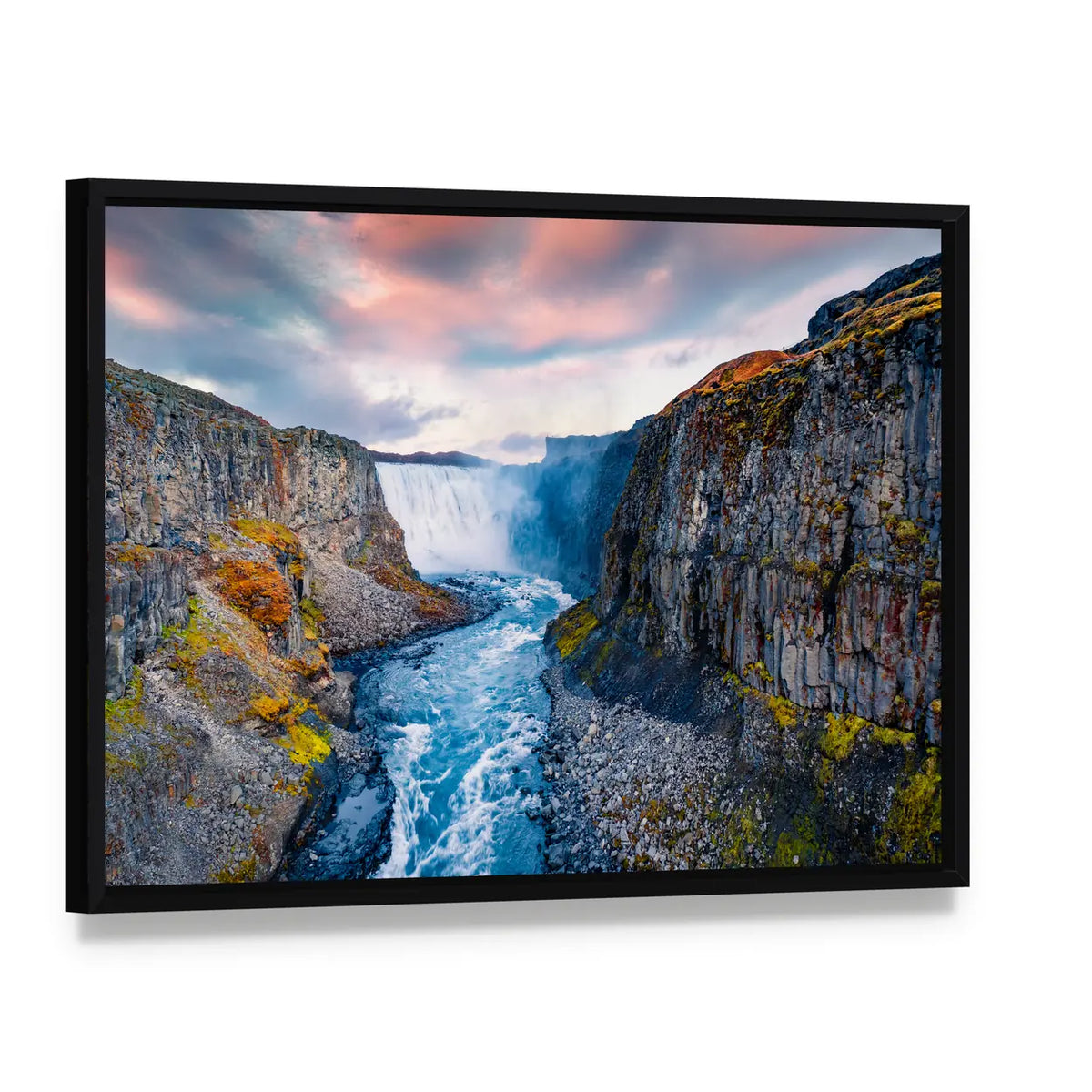 Dettifoss Waterfall In Iceland Canvas Wall Art, framed canvas in a black floater frame, angled product view