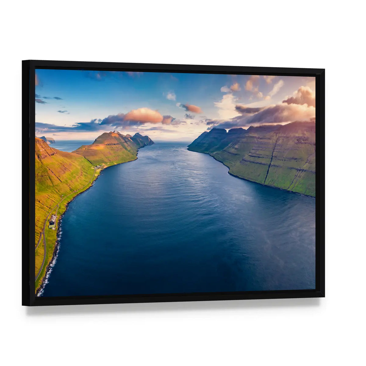 Kalsoy Island In Denmark Canvas Wall Art, framed canvas in a black floater frame, angled product view
