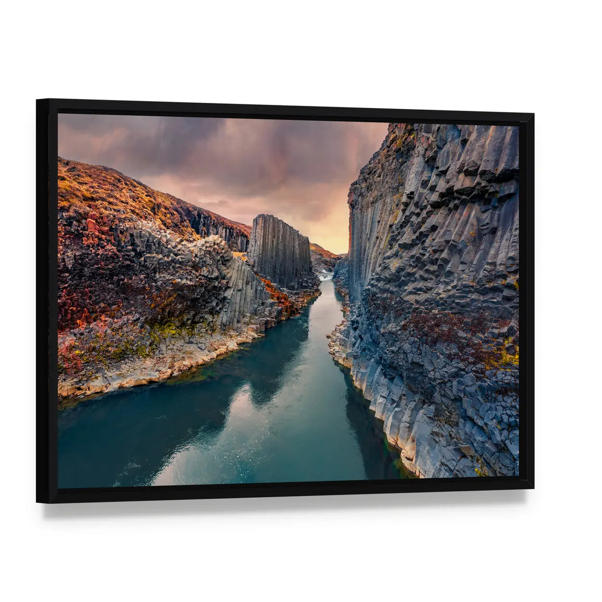 Studlagil Canyon In Iceland Canvas Wall Art, framed canvas in a black floater frame, angled product view