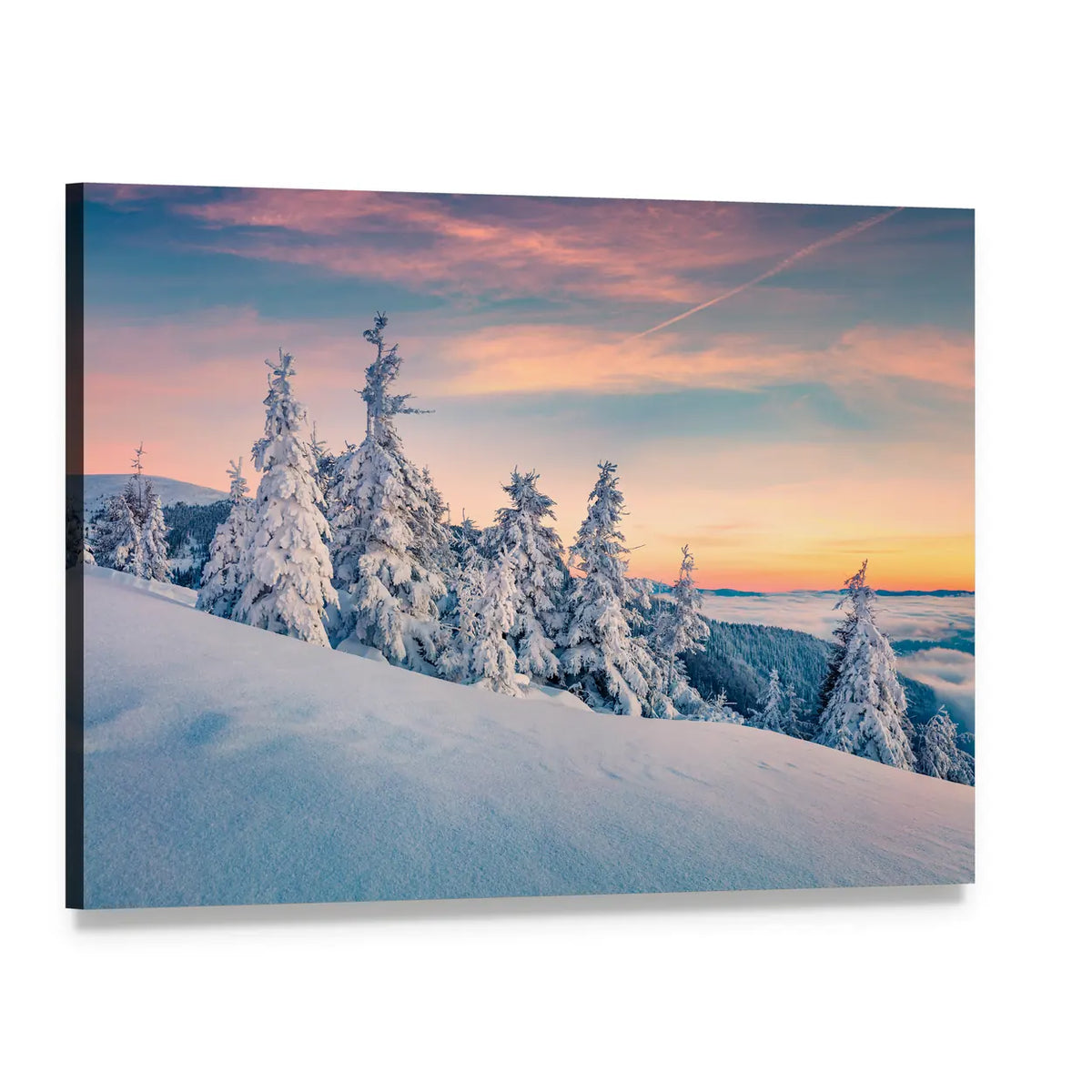 Winter Sunset In Carpathians Ukraine Canvas Wall Art, single panel gallery wrapped canvas, angled product view