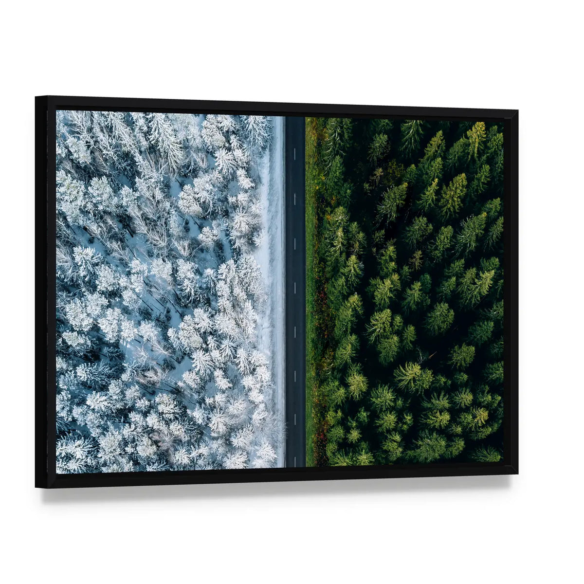 Highway Road Through Forest In Summer And Winter Canvas Wall Art, framed canvas in a black floater frame, angled product view