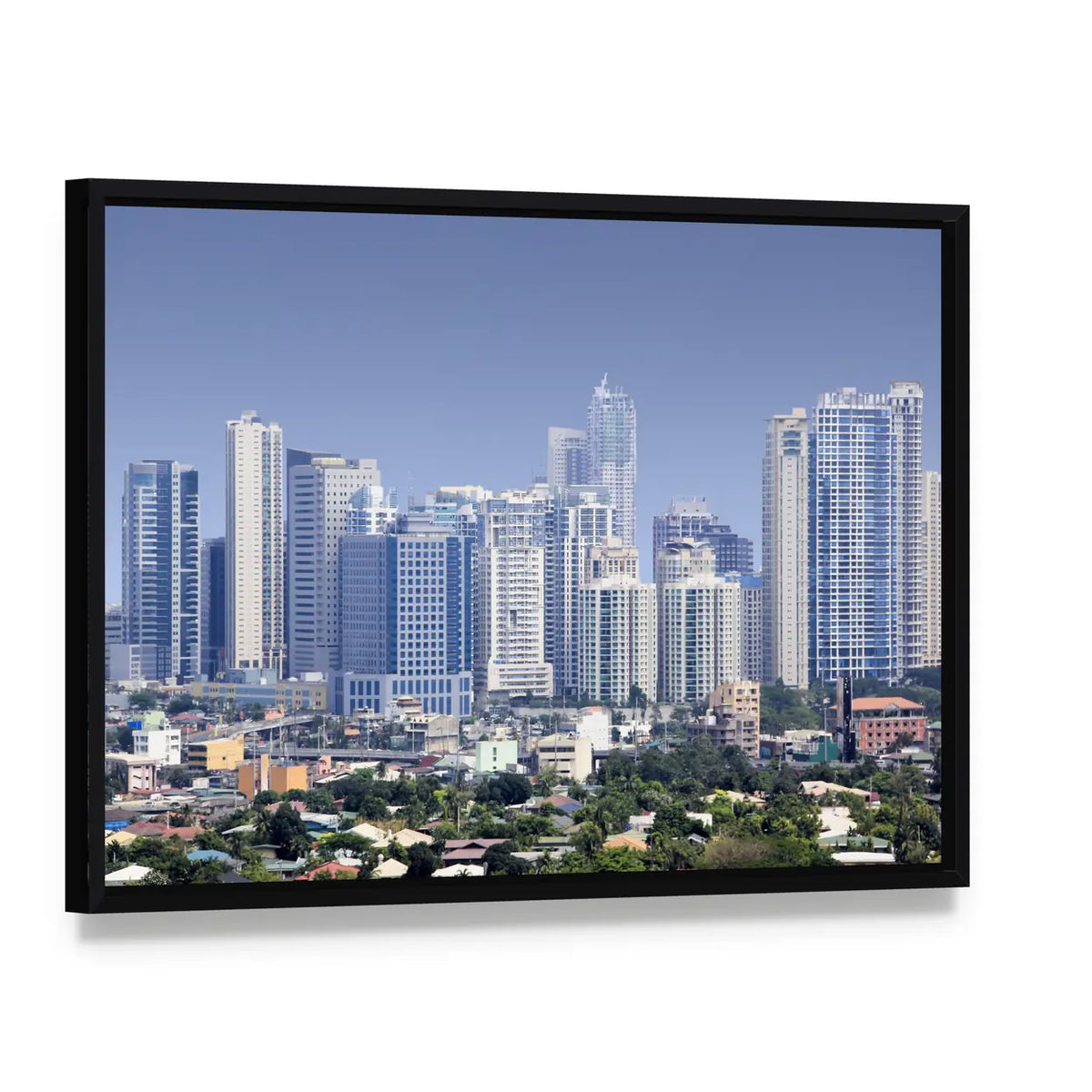 Fort Bonifacio Skyscrapers Philippines Canvas Wall Art, framed canvas in a black floater frame, angled product view