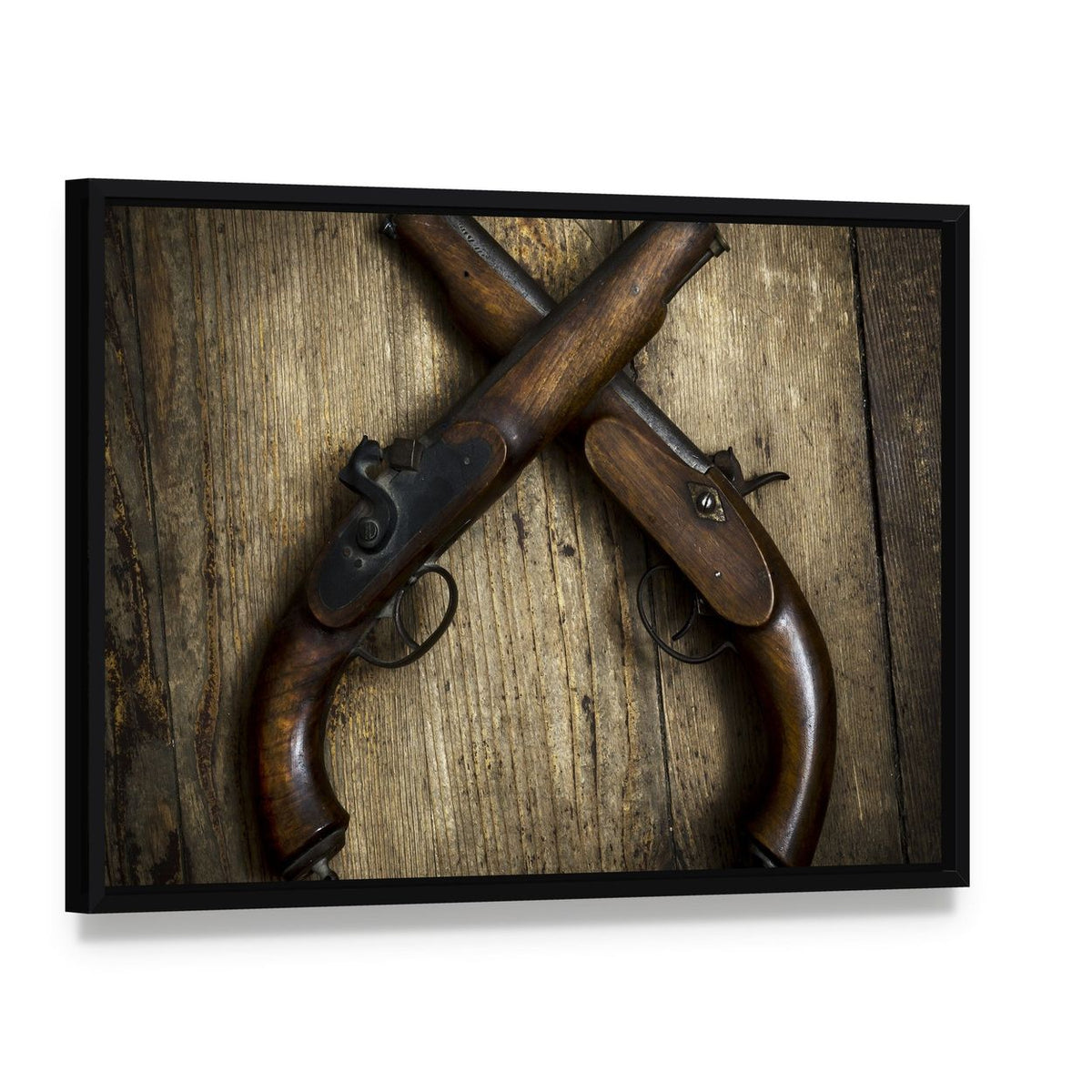 Vintage Pistols on Wooden Table Canvas Wall Art, framed canvas in a black floater frame, angled product view