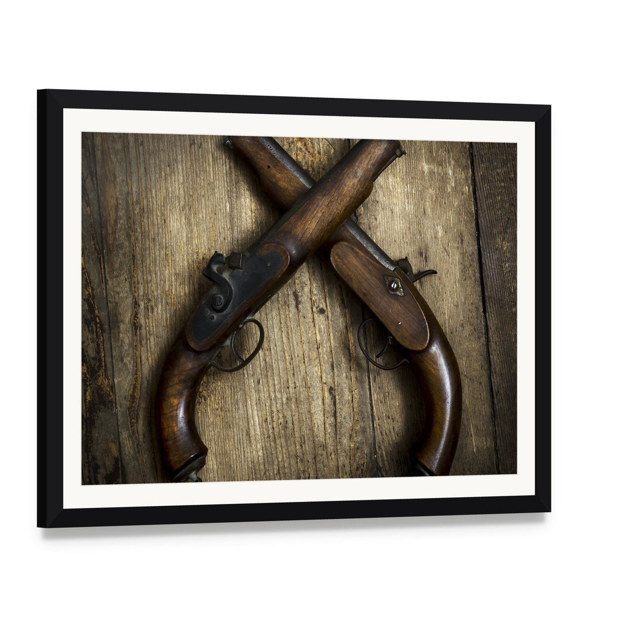 Vintage Pistols on Wooden Table Canvas Wall Art, framed print with white mat and black frame, angled product view