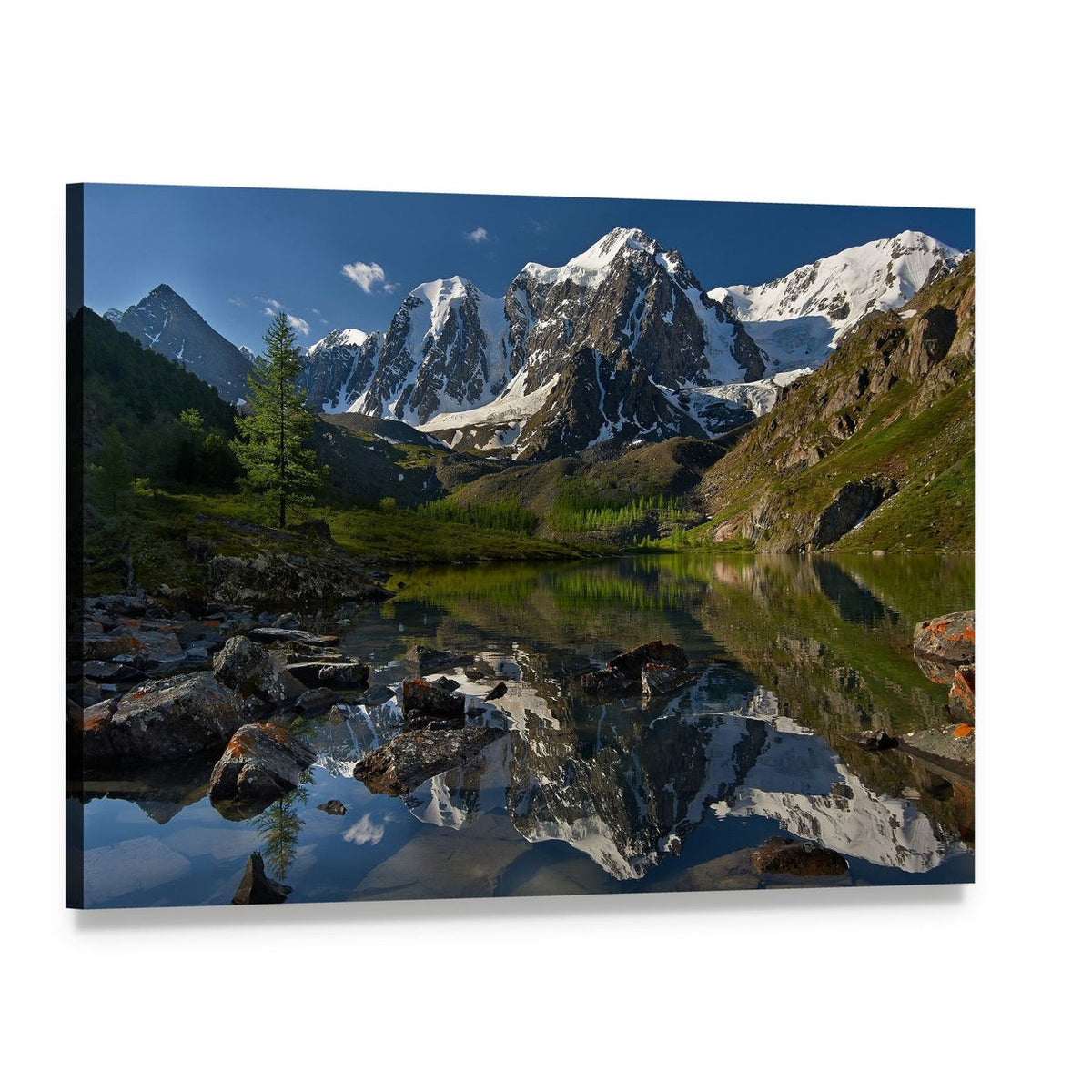 Lake with Snow-capped Peaks Canvas Wall Art, single panel gallery wrapped canvas, angled product view
