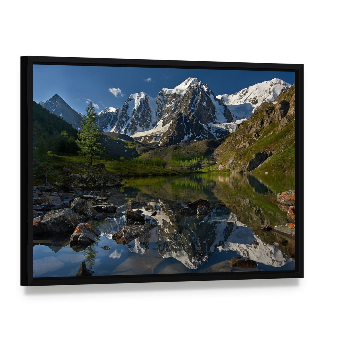 Lake with Snow-capped Peaks Canvas Wall Art, framed canvas in a black floater frame, angled product view