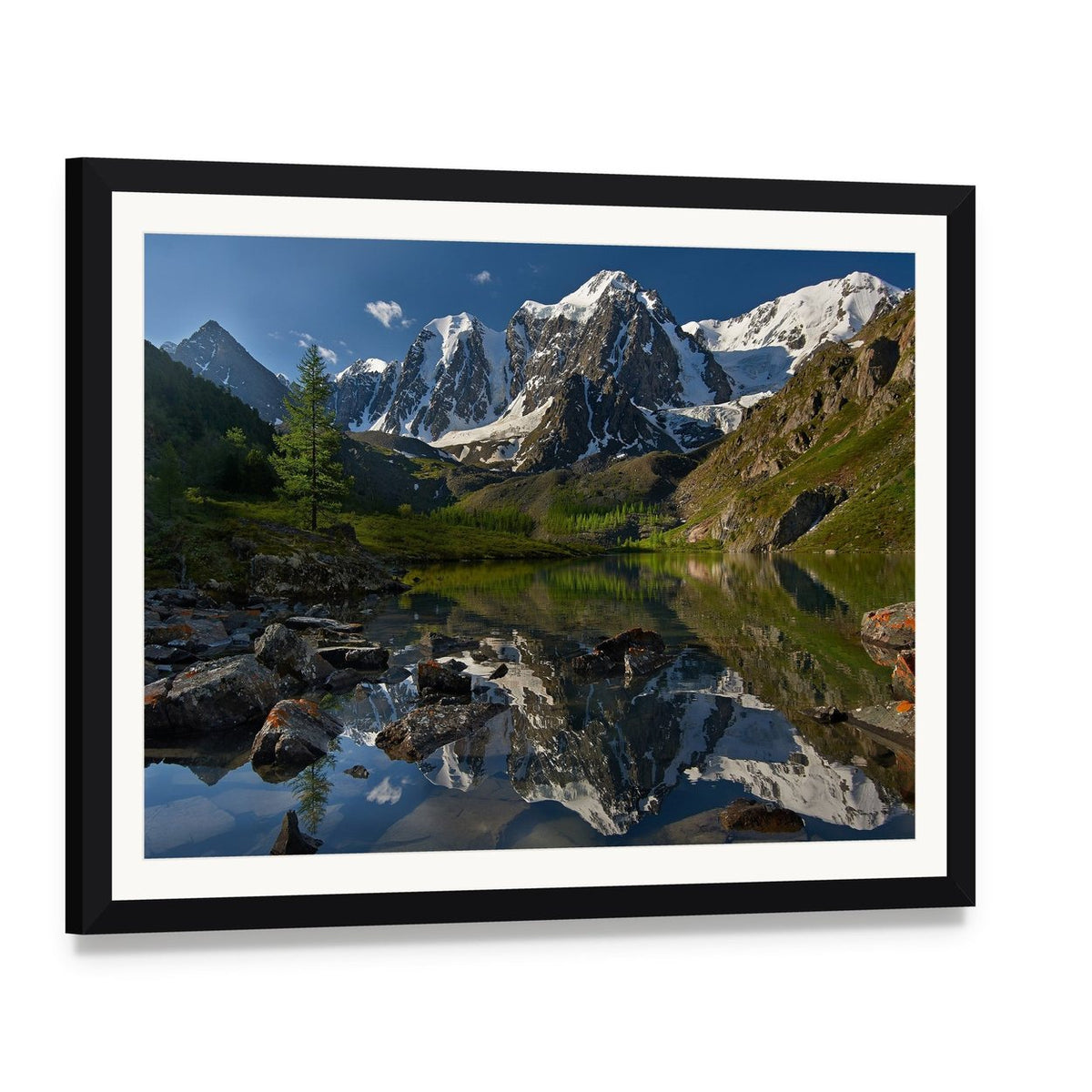 Lake with Snow-capped Peaks Canvas Wall Art, framed print with white mat and black frame, angled product view
