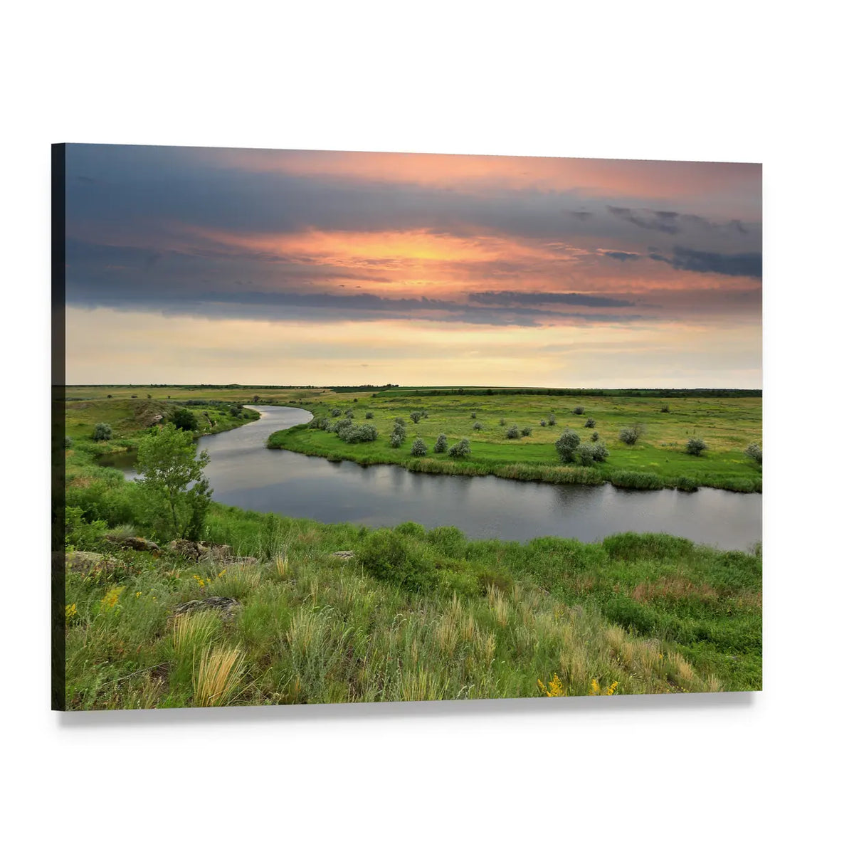 Steppe River at Sunset Canvas Wall Art, single panel gallery wrapped canvas, angled product view
