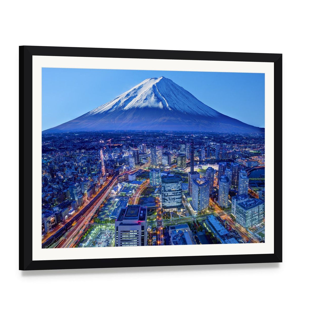 Mt Fuji and Yokohama Night Skyline Canvas Wall Art, framed print with white mat and black frame, angled product view