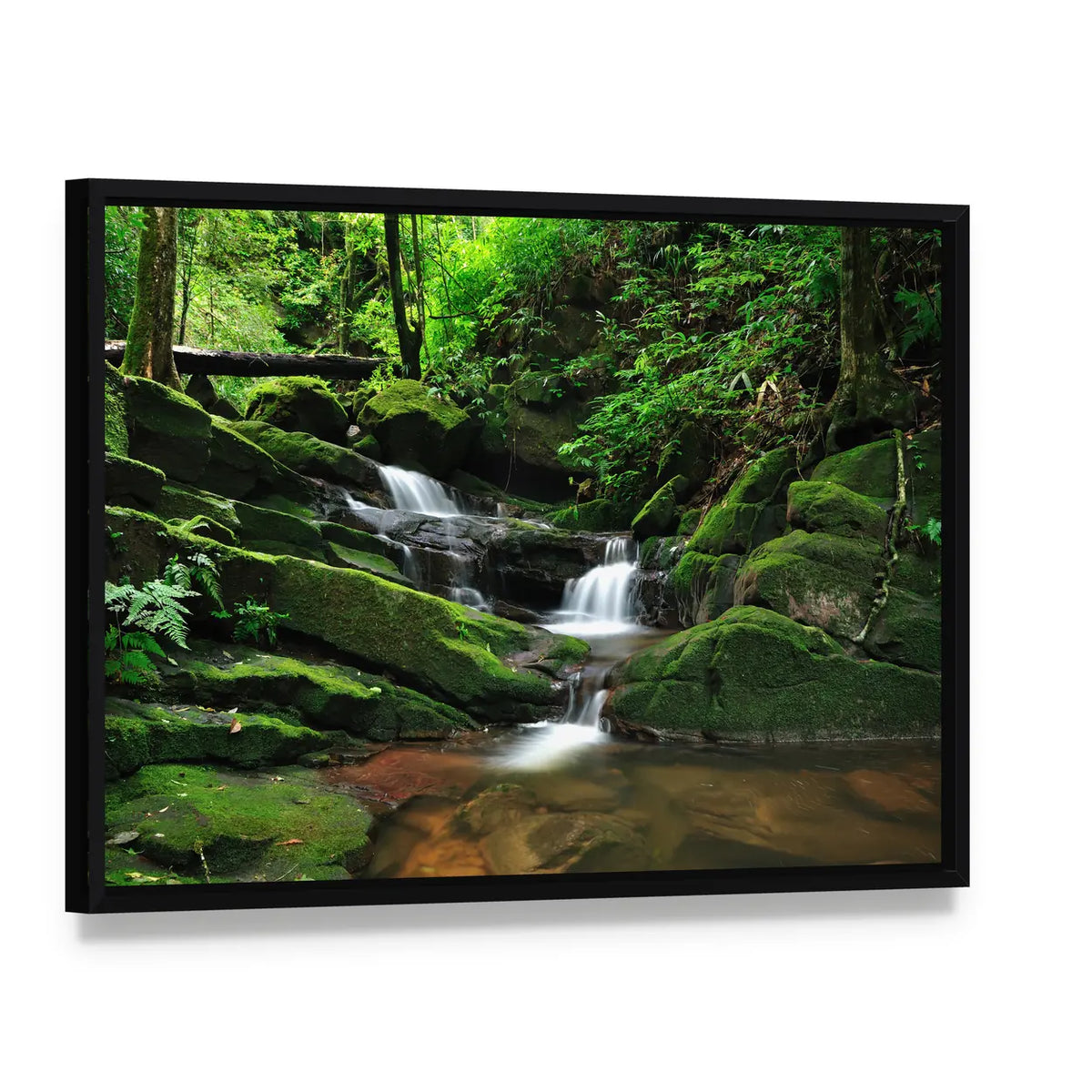 Waterfall In Rain Forest Canvas Wall Art, framed canvas in a black floater frame, angled product view