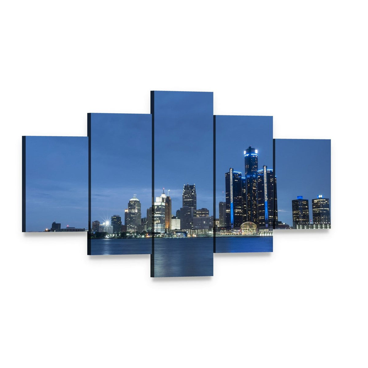 Detroit Skyline and River at Night Canvas Wall Art, 5 panel 5 Star layout gallery wrapped canvas set, angled product view