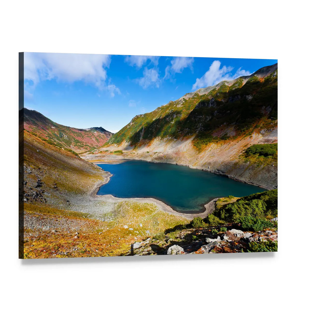 Kamchatka Volcano Above Heart-shaped Alpine Lake Canvas Wall Art, single panel gallery wrapped canvas, angled product view