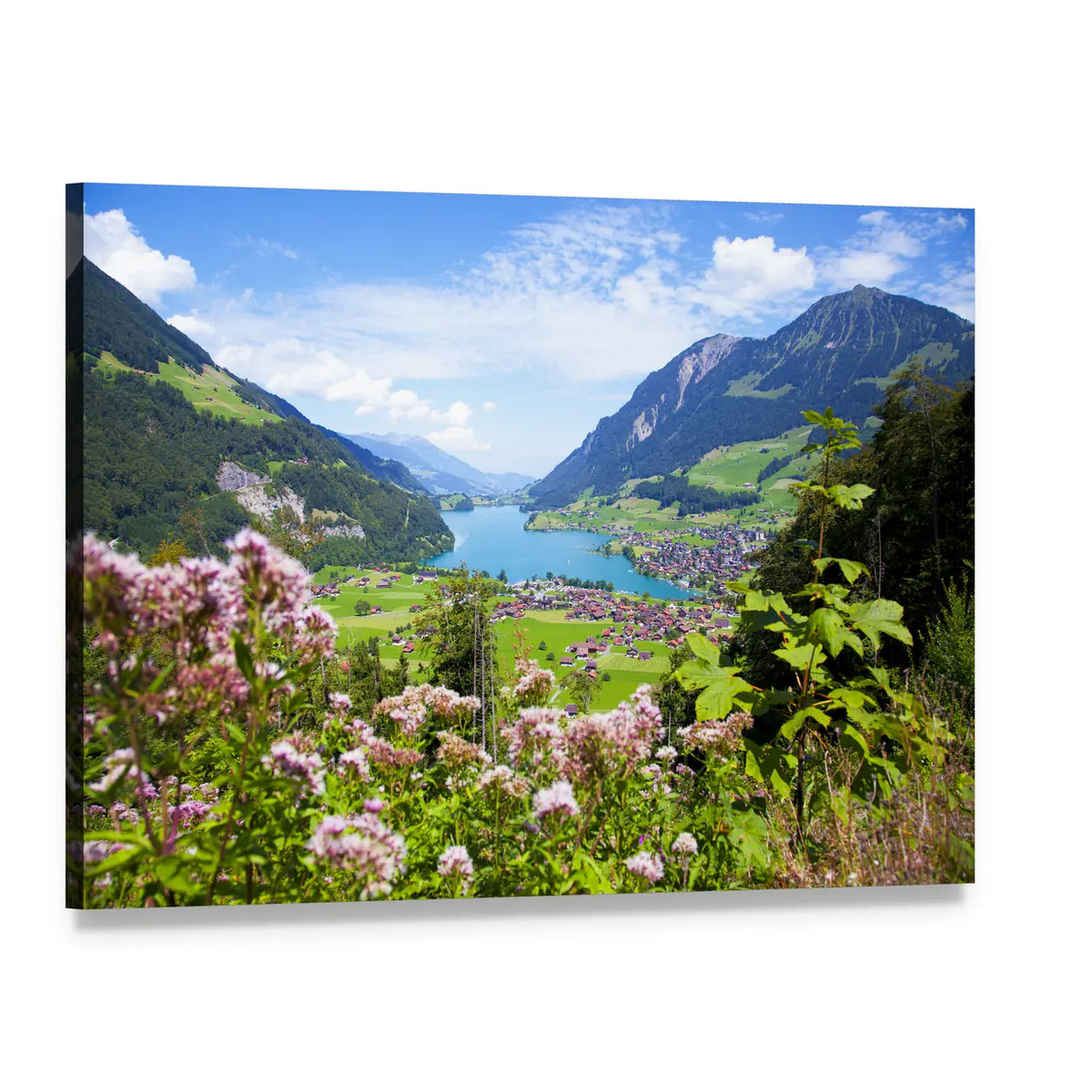 Summer Landscape In Lungern Village Canvas Wall Art, single panel gallery wrapped canvas, angled product view