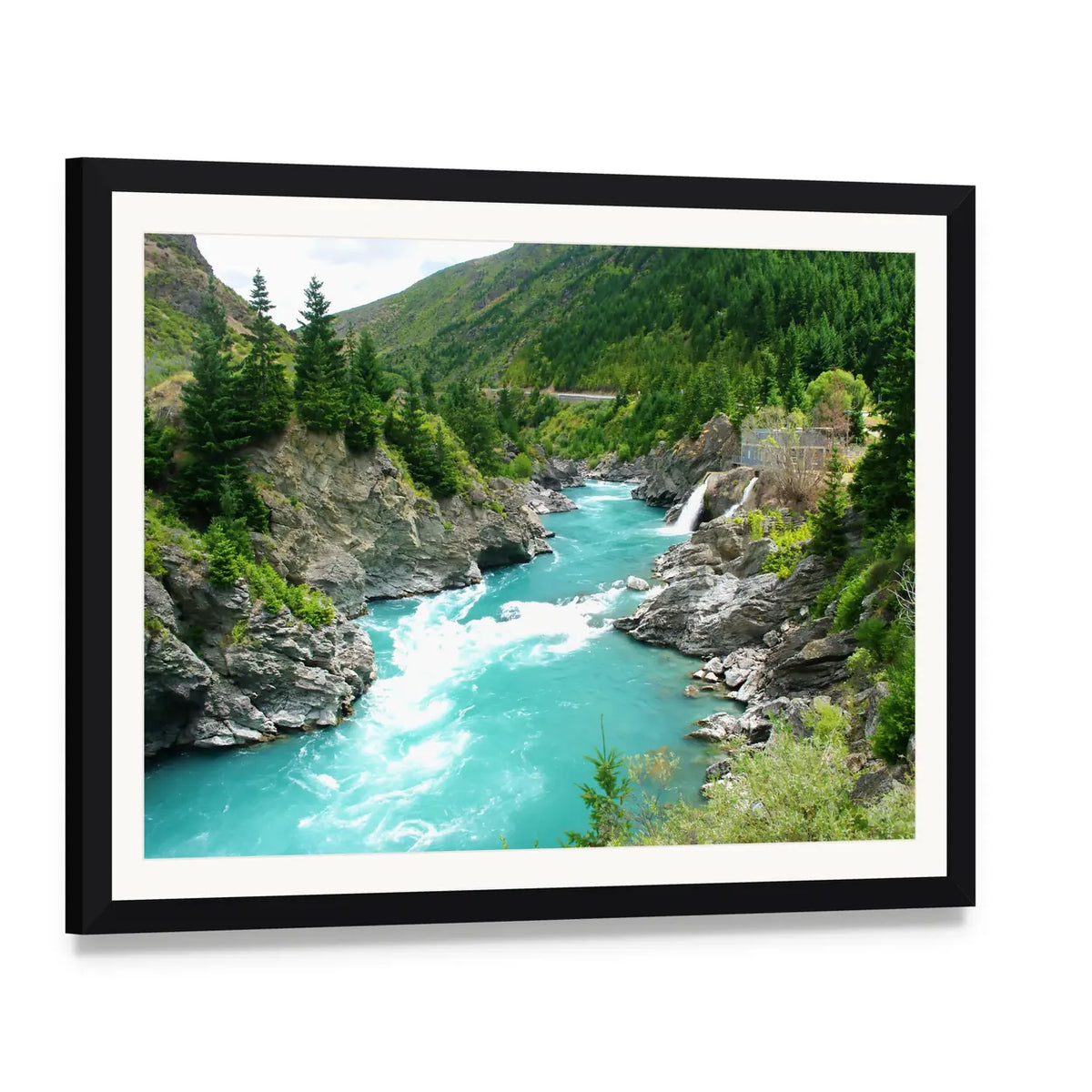 Kawarau River and Forest Canvas Wall Art, framed print with white mat and black frame, angled product view