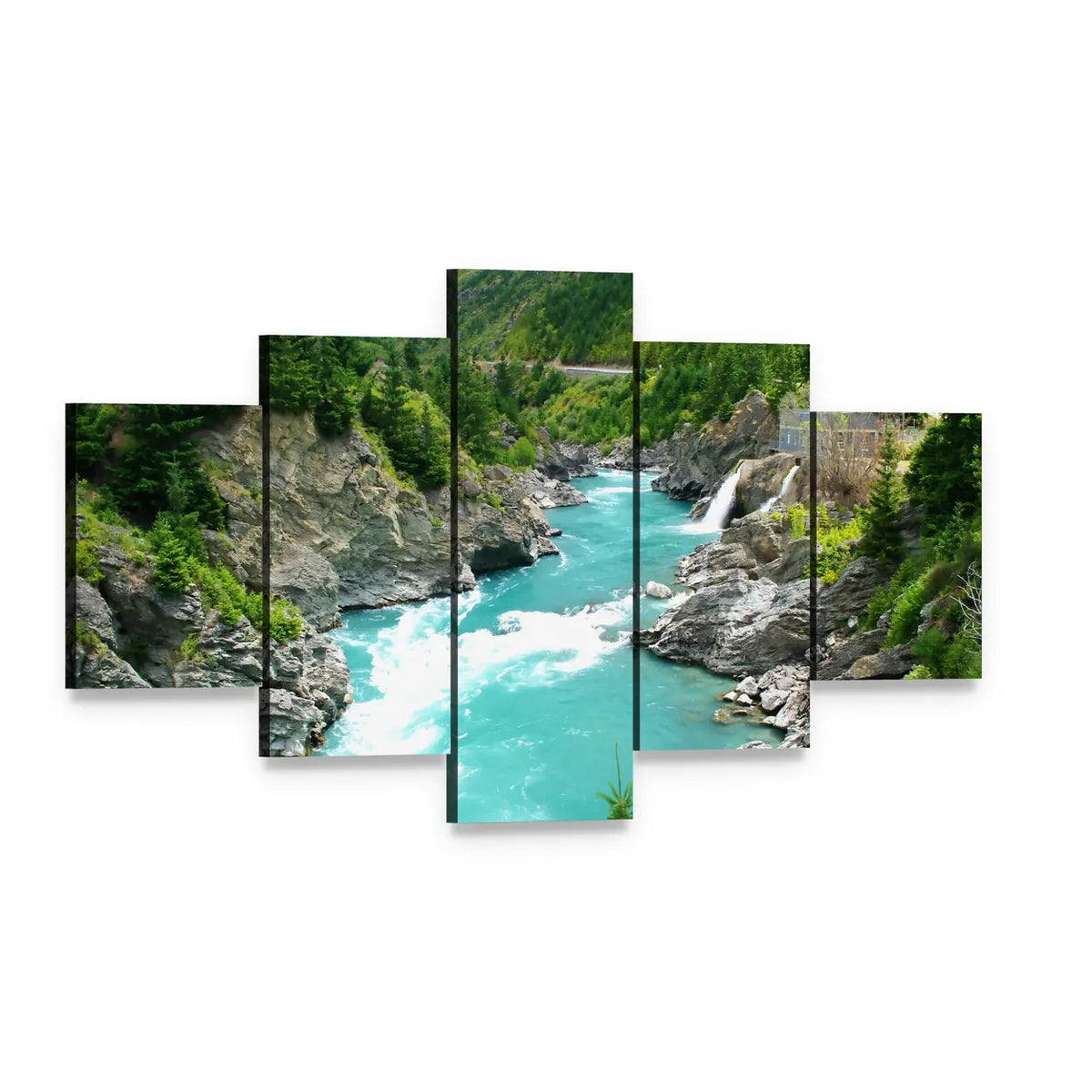 Kawarau River and Forest Canvas Wall Art, 5 panel 5 Star layout gallery wrapped canvas set, angled product view