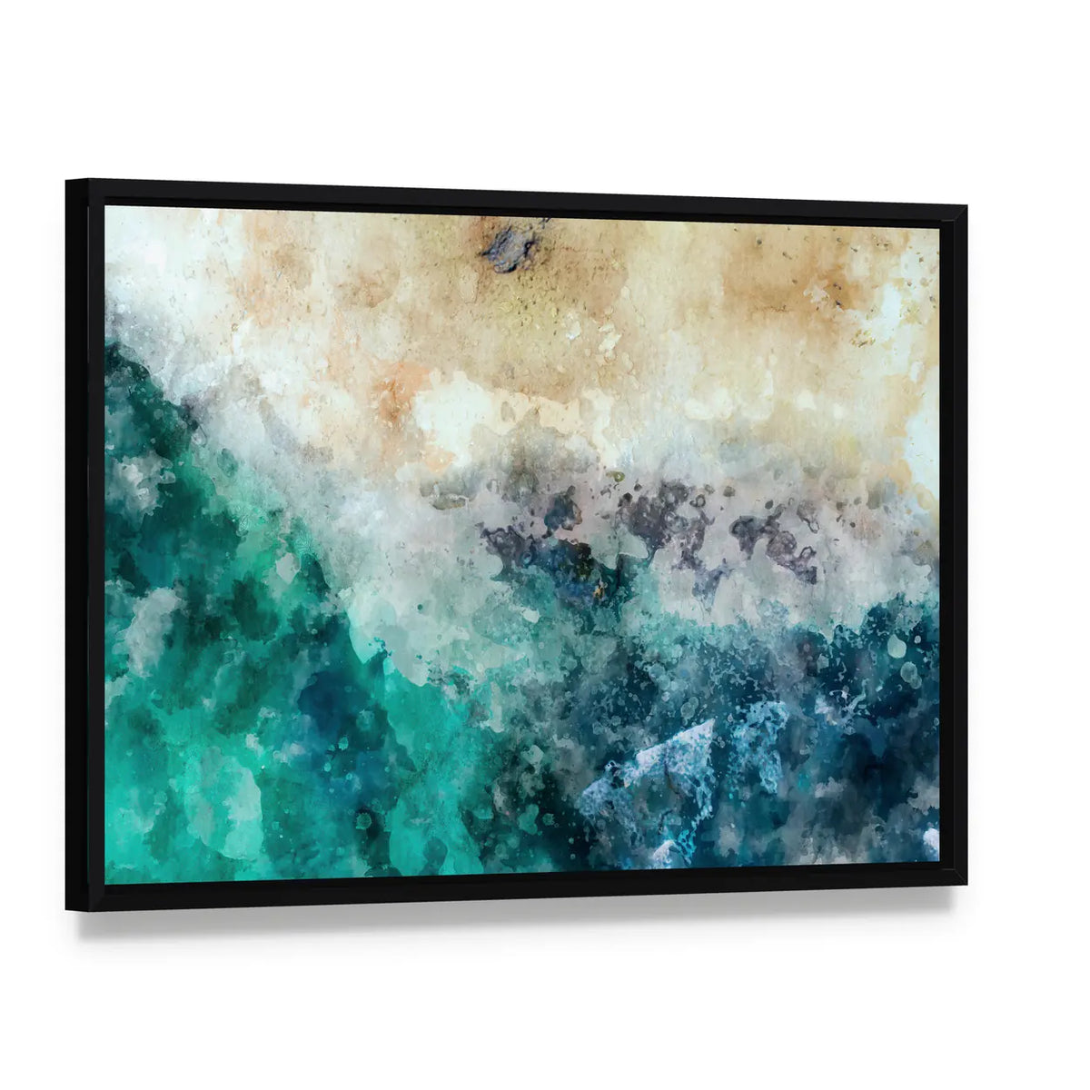 Ocean And Beach Abstract Canvas Wall Art, framed canvas in a black floater frame, angled product view