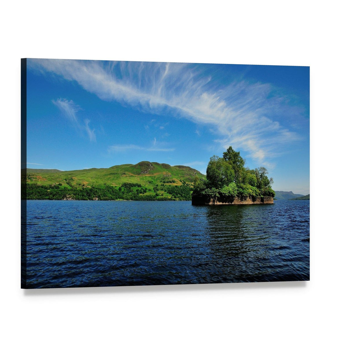 Treed Island on a Calm Lake Canvas Wall Art, single panel gallery wrapped canvas, angled product view