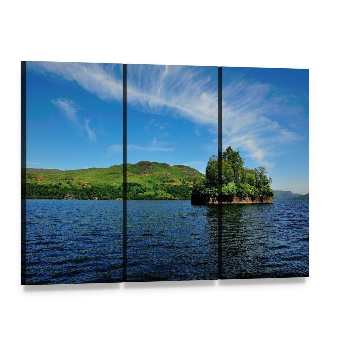 Treed Island on a Calm Lake Canvas Wall Art, 3 panel 3 Horizontal layout gallery wrapped canvas set, angled product view