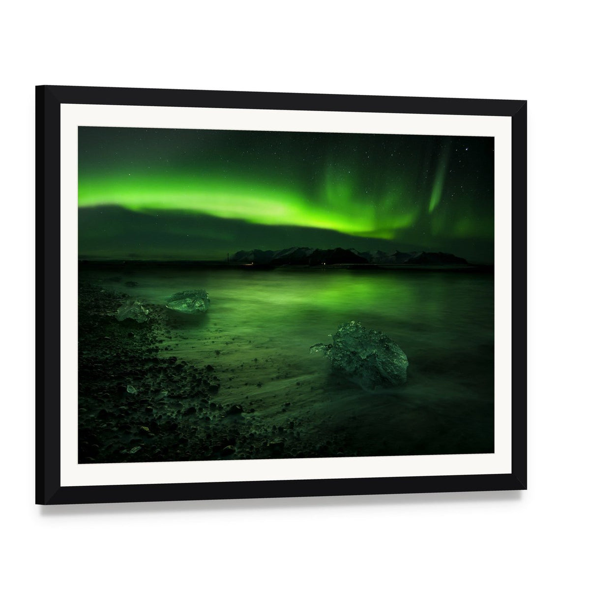 Aurora Northern Lights Canvas Wall Art, framed print with white mat and black frame, angled product view