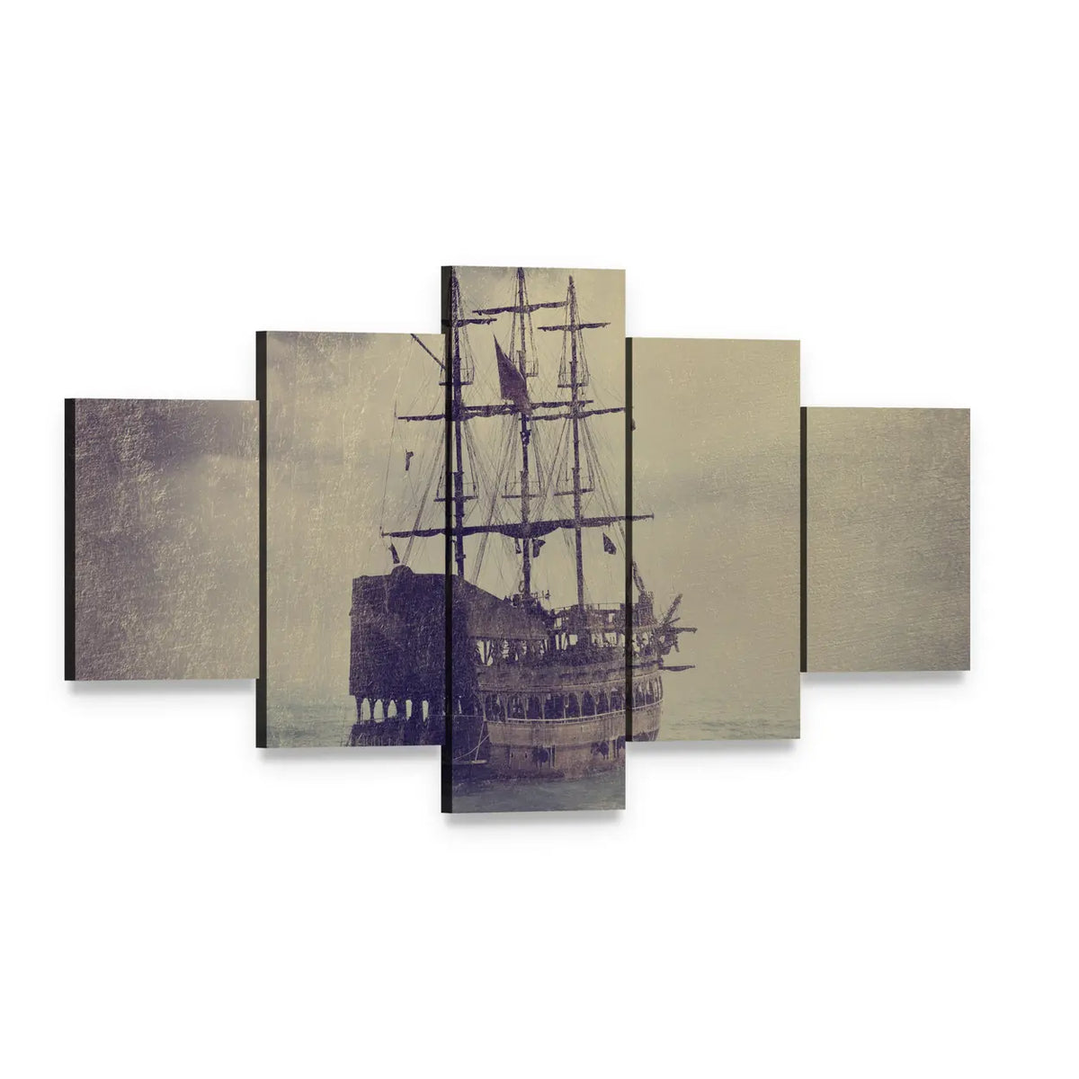 Old Pirate Ship at Sea Canvas Wall Art, 5 panel 5 Star layout gallery wrapped canvas set, angled product view
