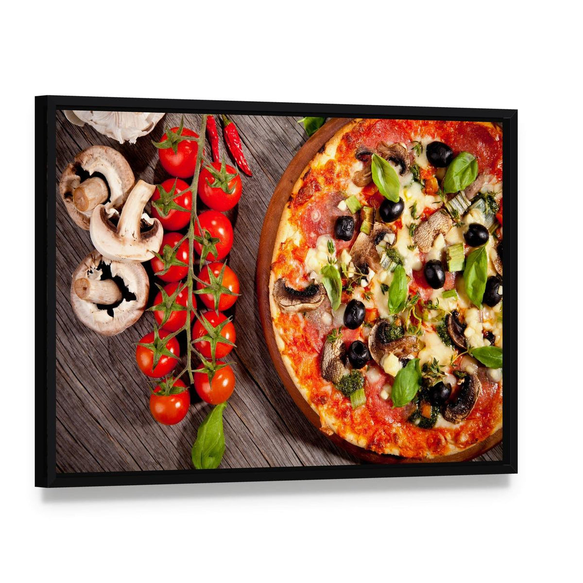 Fresh Pizza with Tomatoes and Basil Canvas Wall Art, framed canvas in a black floater frame, angled product view