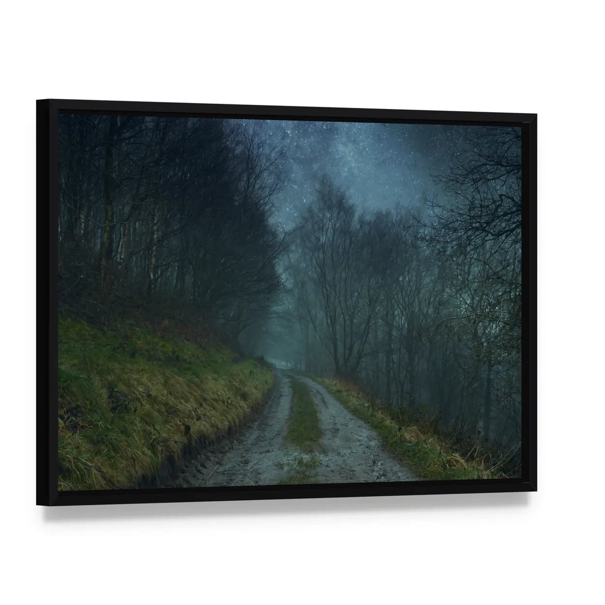 Foggy Forest Path Under Starry Sky Canvas Wall Art, framed canvas in a black floater frame, angled product view