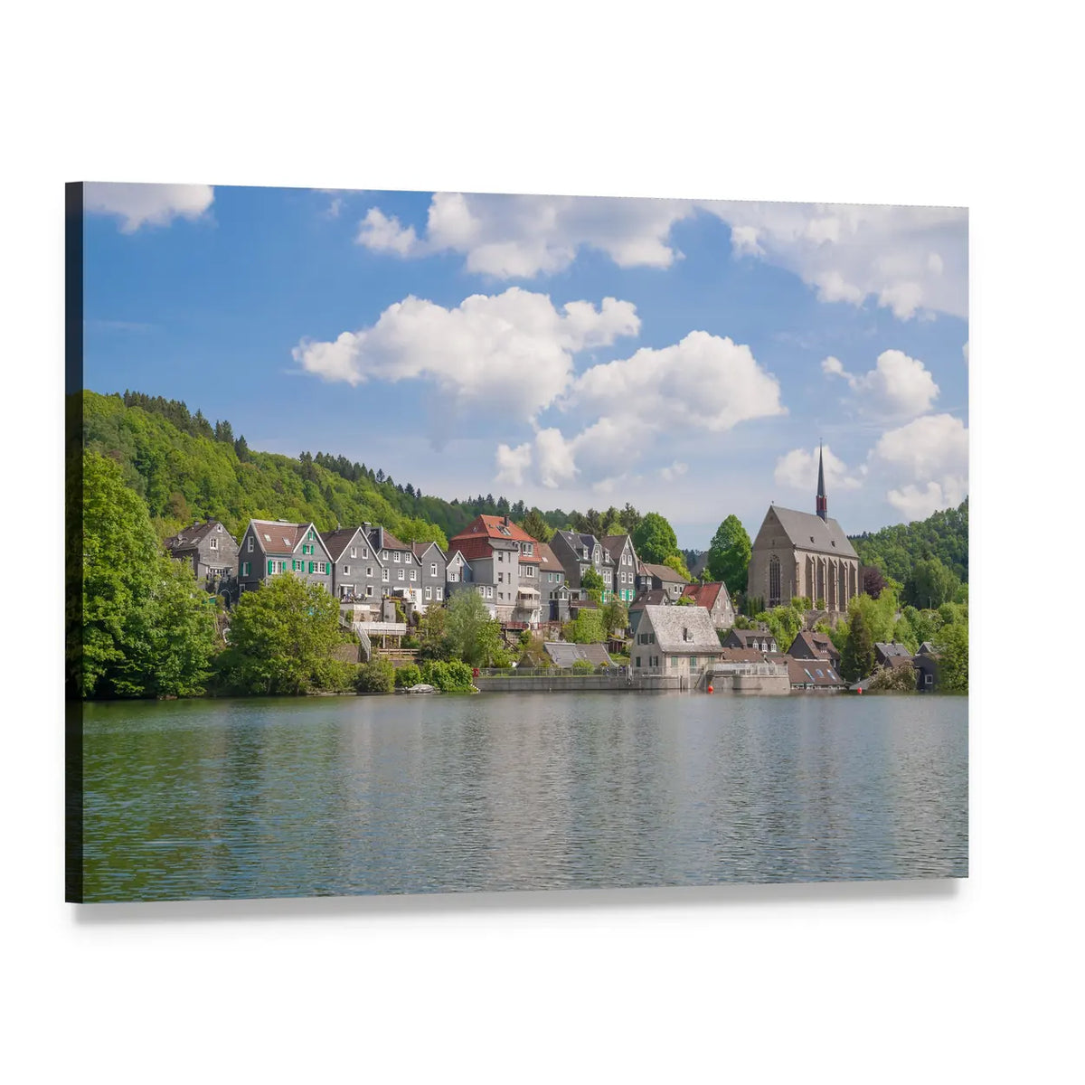 Wupper River Village by the Reservoir Canvas Wall Art, single panel gallery wrapped canvas, angled product view