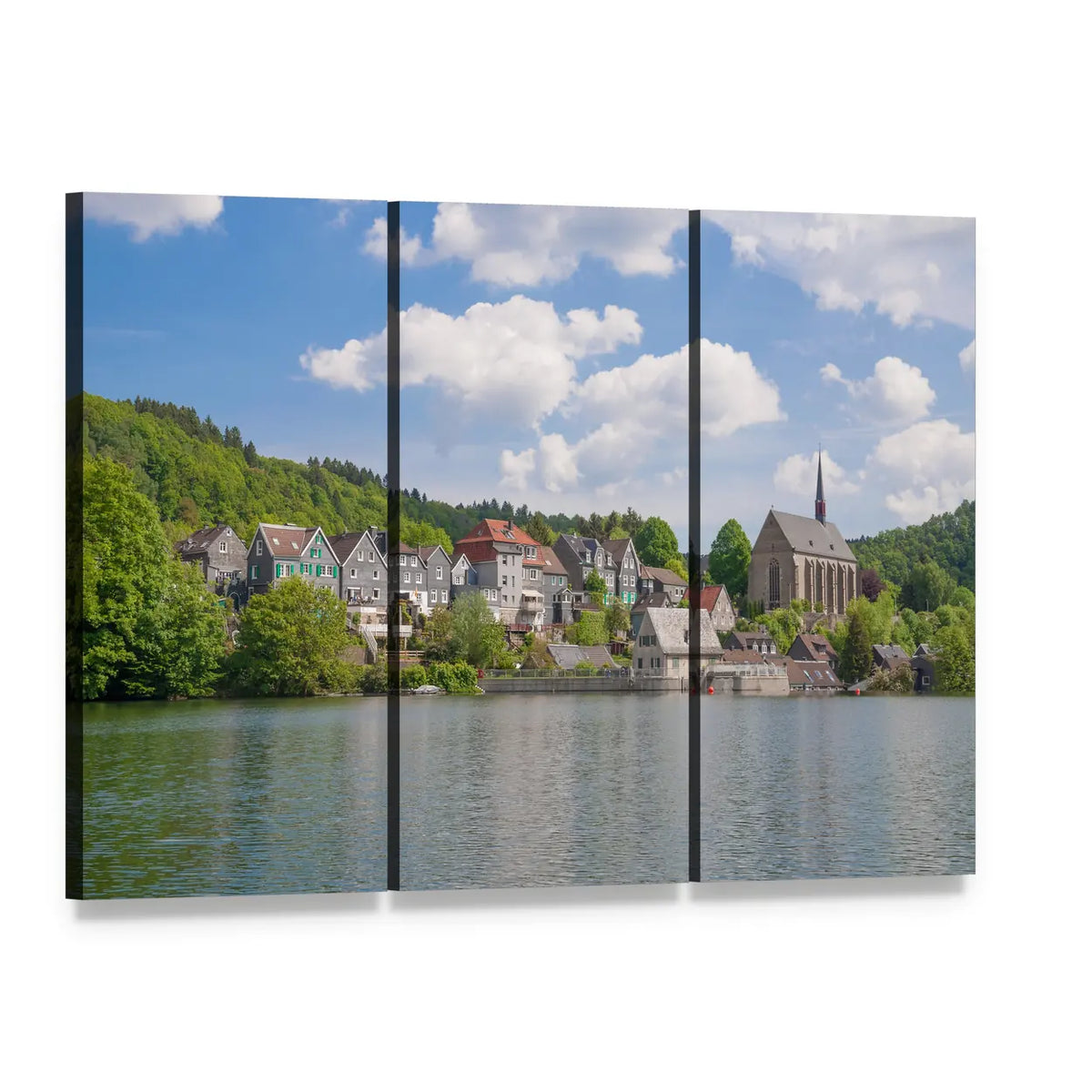 Wupper River Village by the Reservoir Canvas Wall Art, 3 panel 3 Horizontal layout gallery wrapped canvas set, angled product view