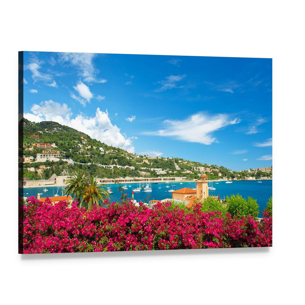 Mediterranean Coastal Town with Bougainvillea Canvas Wall Art, single panel gallery wrapped canvas, angled product view
