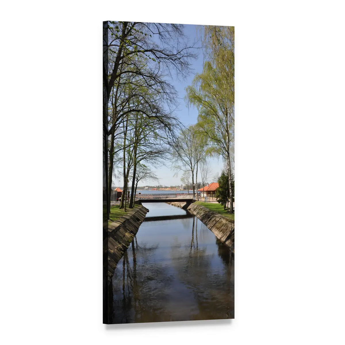 Spring Canal with Wooden Footbridge Vertical Canvas Wall Art, 1 panel 1 Vertical layout gallery wrapped canvas set, angled product view