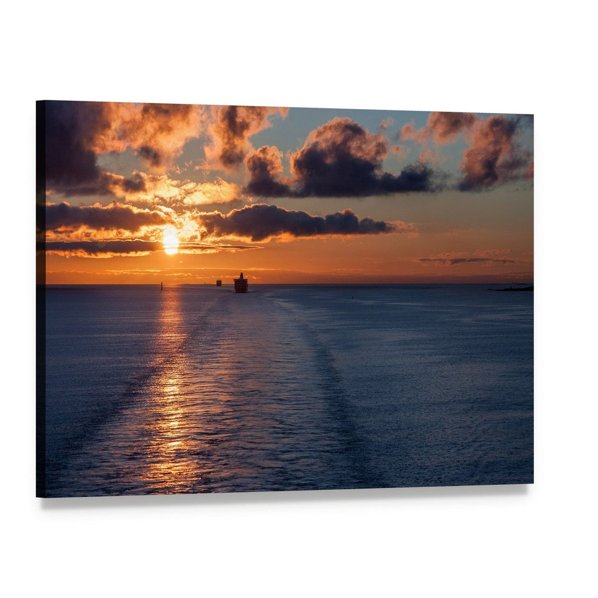 Cruiser at Sunset with Ship Wake Canvas Wall Art, single panel gallery wrapped canvas, angled product view